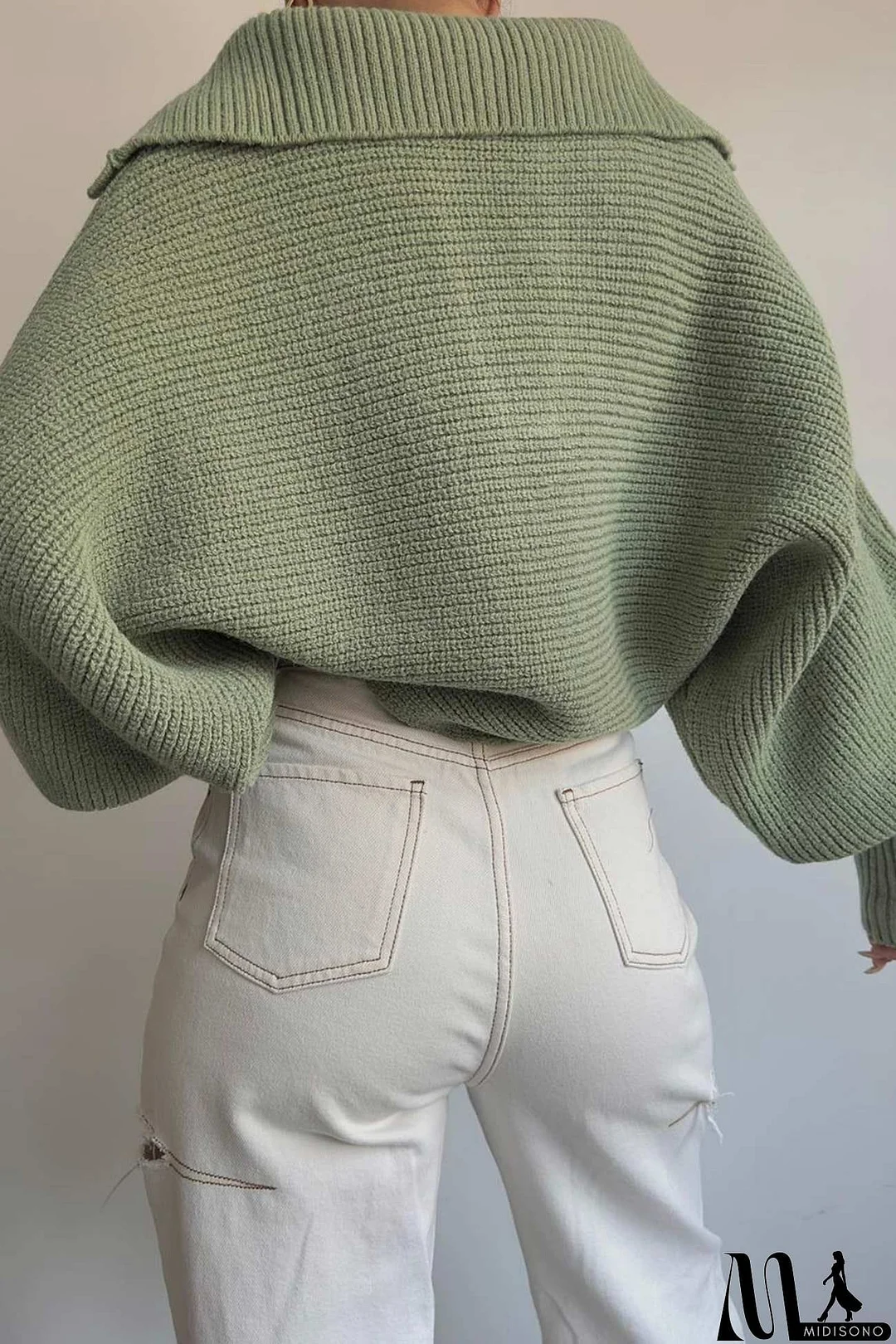 MidiSono - Lapel V Neck Puff Sleeve Sweater