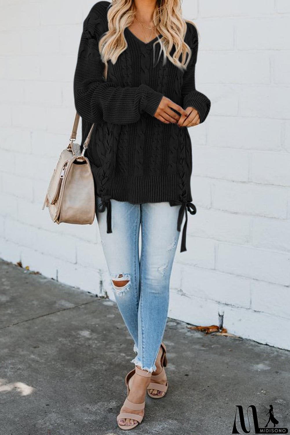 MidiSono - Love Letters Cable Knit Lace Up Sweater