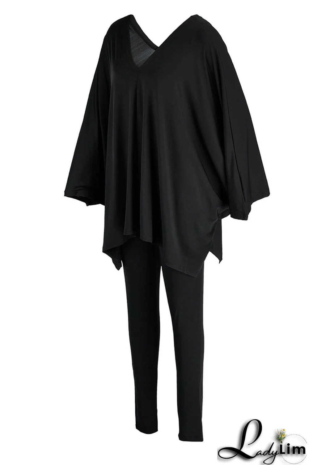 Black Casual Solid Patchwork V Neck Long Sleeve Two Pieces