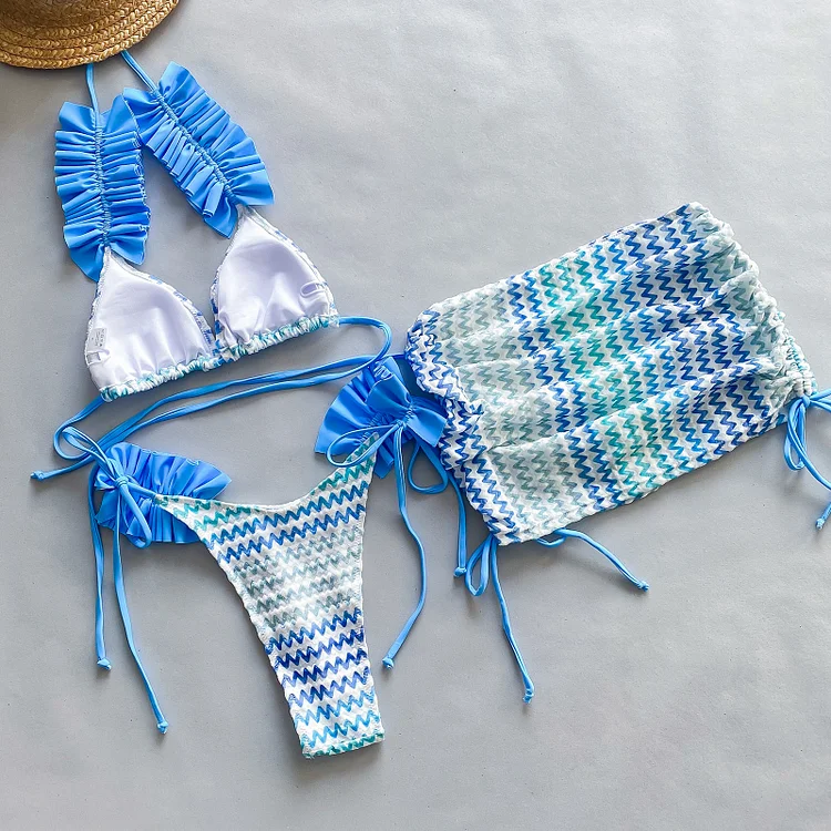Pleated Lace Wave Pattern Three-piece Bikini Swimsuit