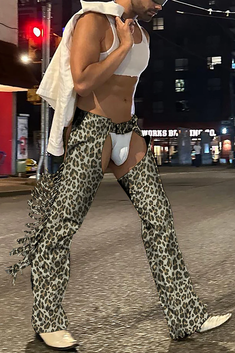 Ciciful Leopard Print Fringe Rodeo Chaps Festival Cowboy Pants