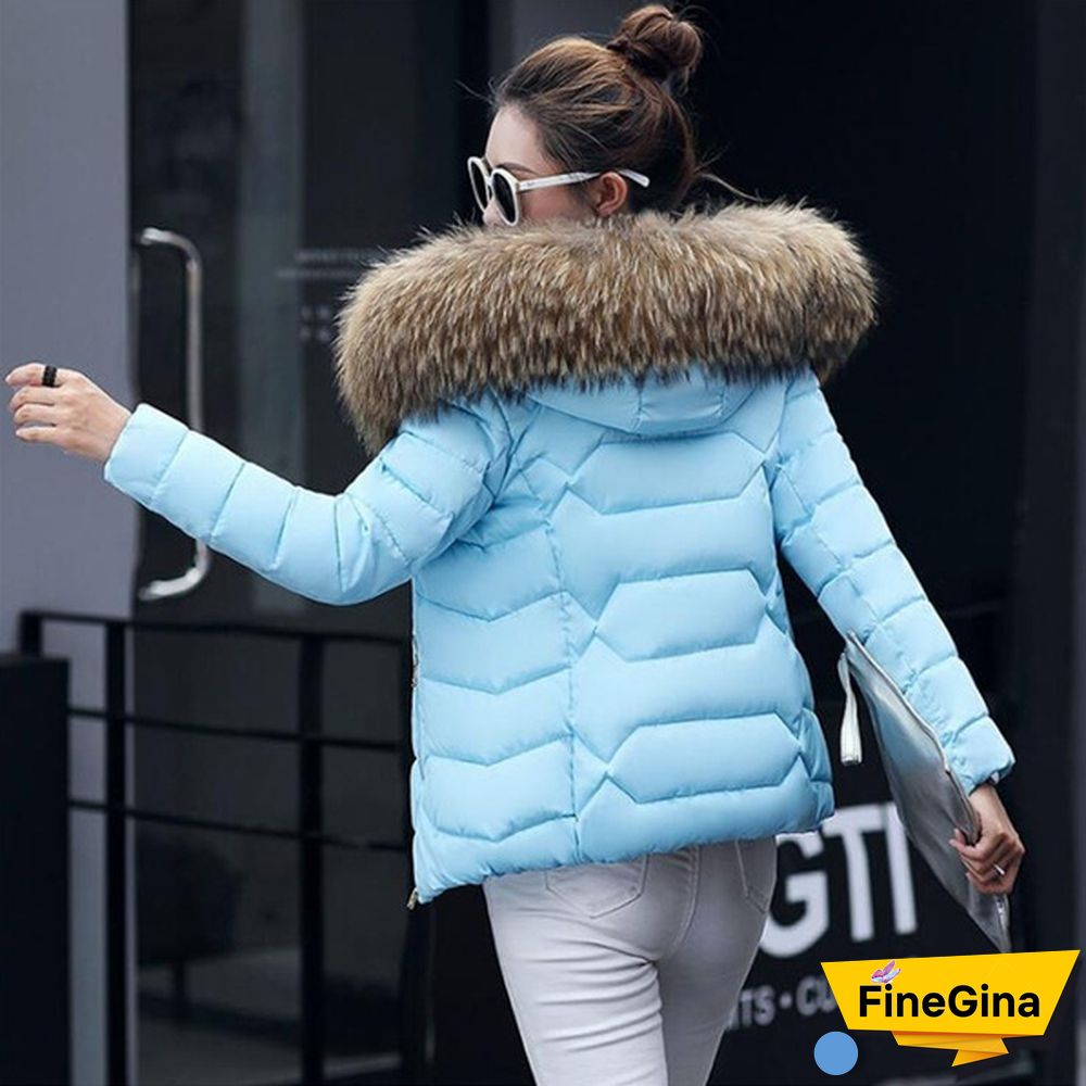 Women Autumn Winter New Fashion Short Coat Cotton-padded Jacket Large Size Hooded Jacket Warm Cotton Female Fur Collar Hoody Parka XS-XXXL