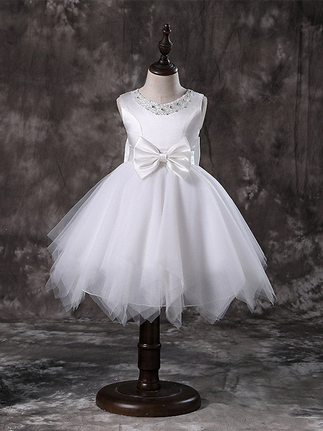 Oknass Sleeveless Jewel Neck A-Line Flower Girl Dress Tulle  Satin Chiffon Polyester  With Faux Pearl Bow Tier