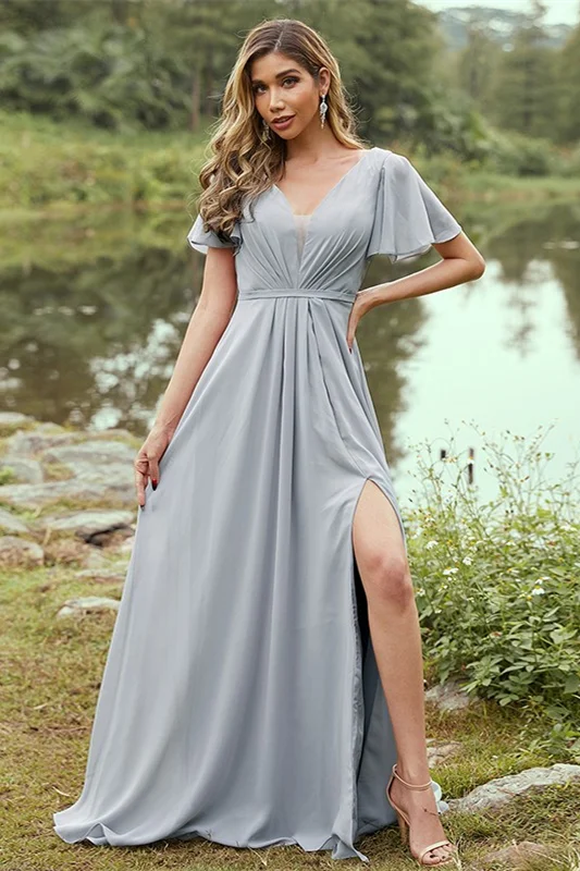 Luluslly Short Sleeves V-Neck Slit Bridesmaid Dress Long