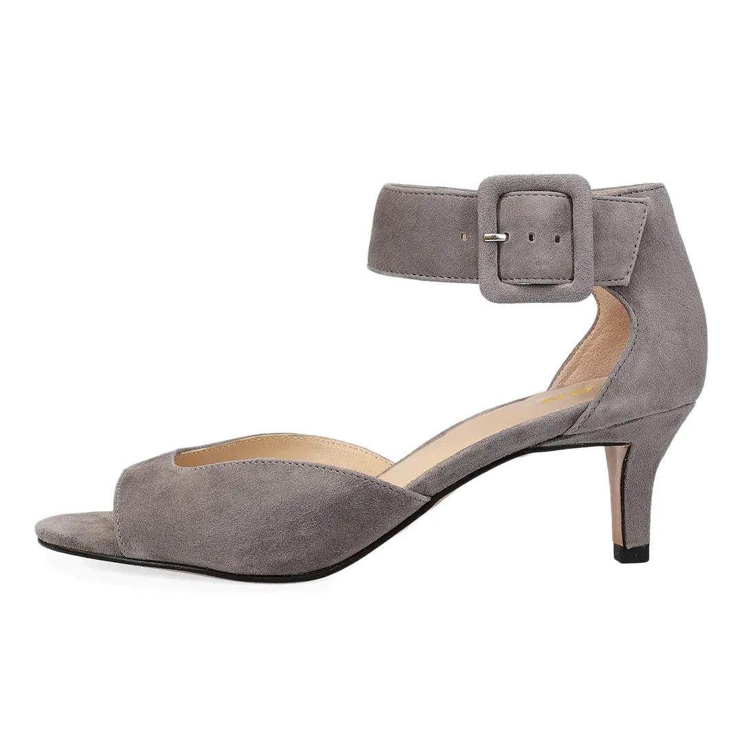 Grey Vegan Suede Peep-Toe Buckled Ankle Strap Kitten Heeled Sandals