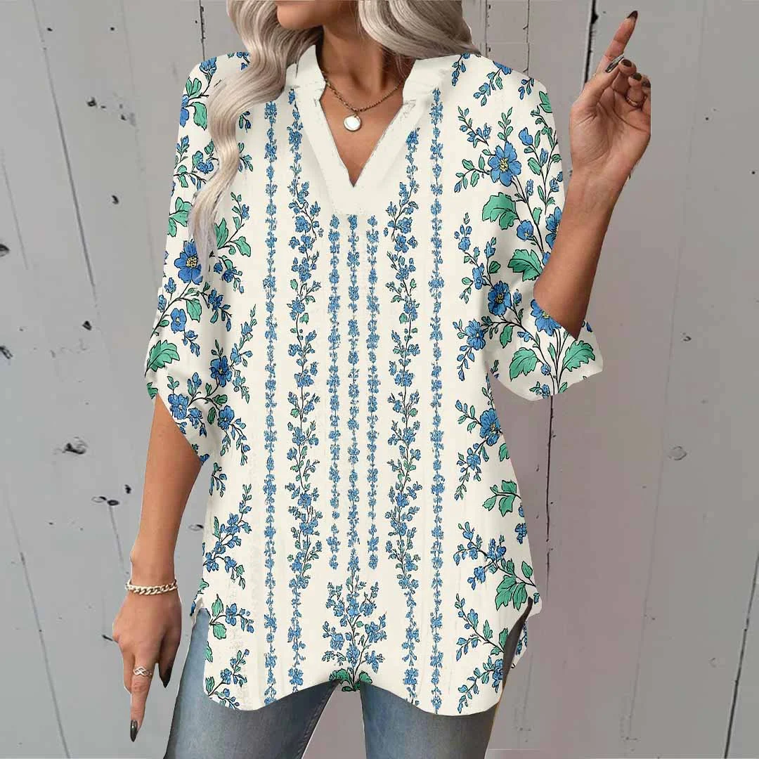 Women Floral, Beige, Blue DZGA0132 3/4 Sleeve V-neck Printed Graphic Button Tops