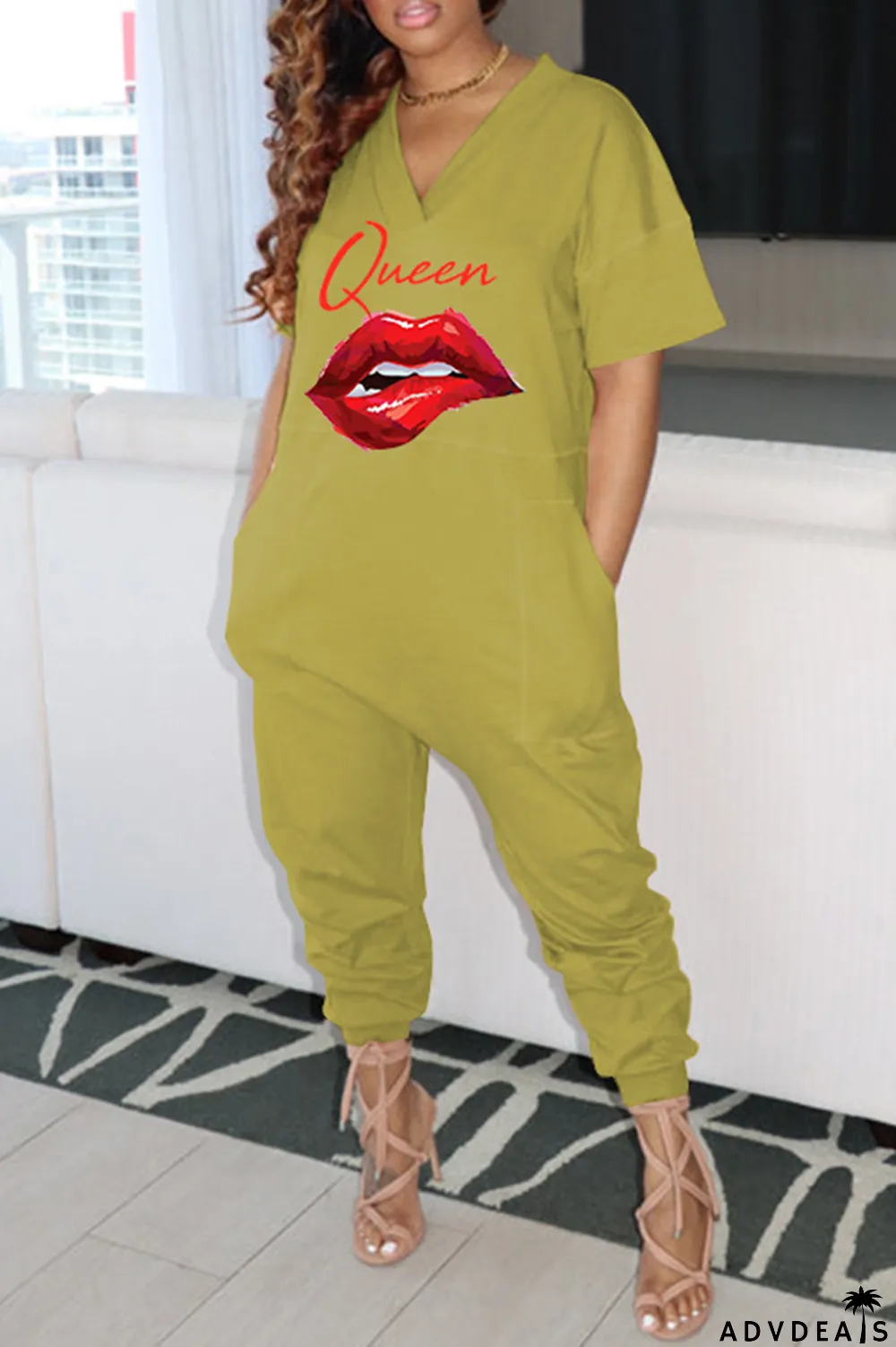 Green Fashion Casual Print Basic V Neck Regular Jumpsuits