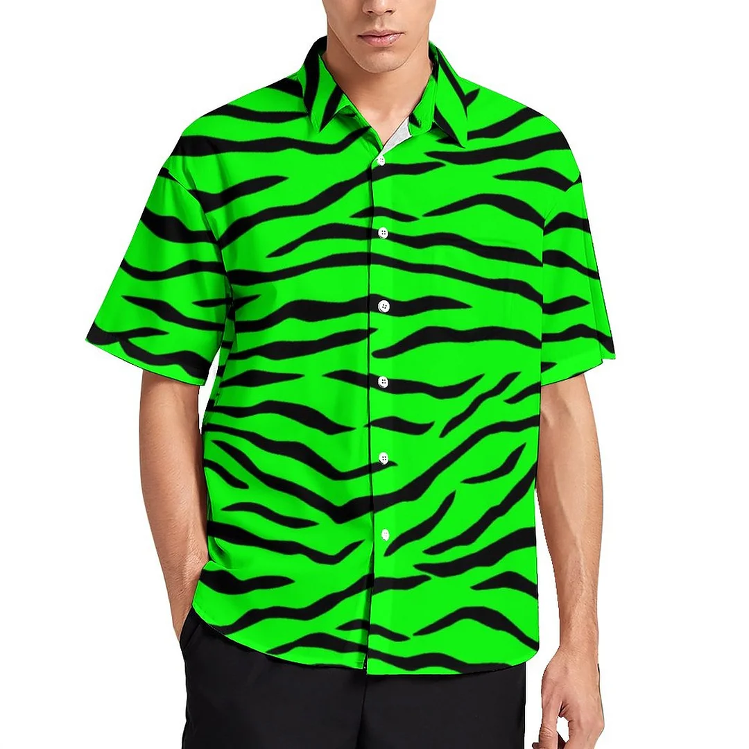 Bright Neon Green And Black Tiger Stripes Women Front Pocket Button Down Tops Men Shortsleeve Party Vacation Hawaiian Shirt