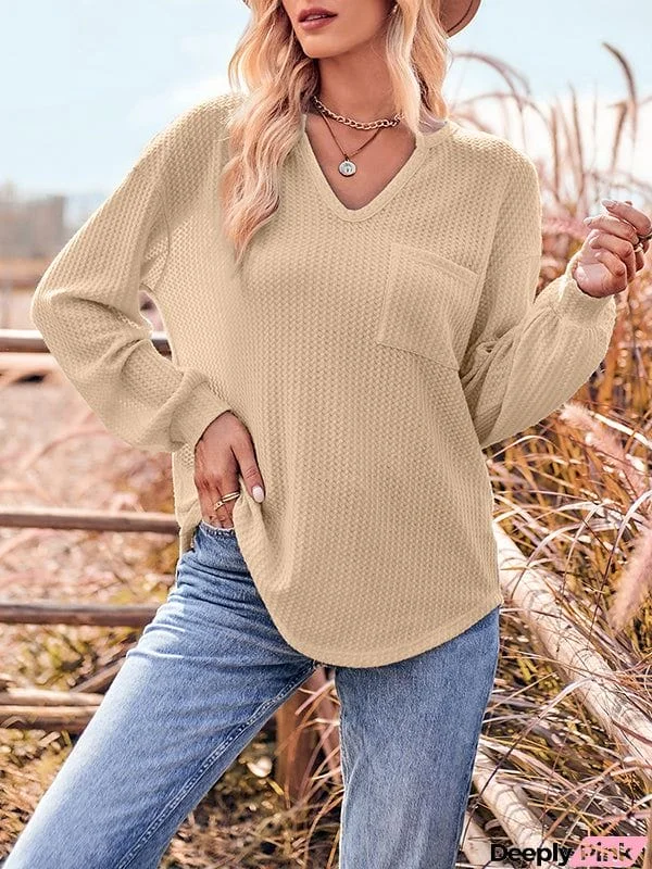 Long Sleeves Loose Pockets Solid Color V-Neck T-Shirts Tops