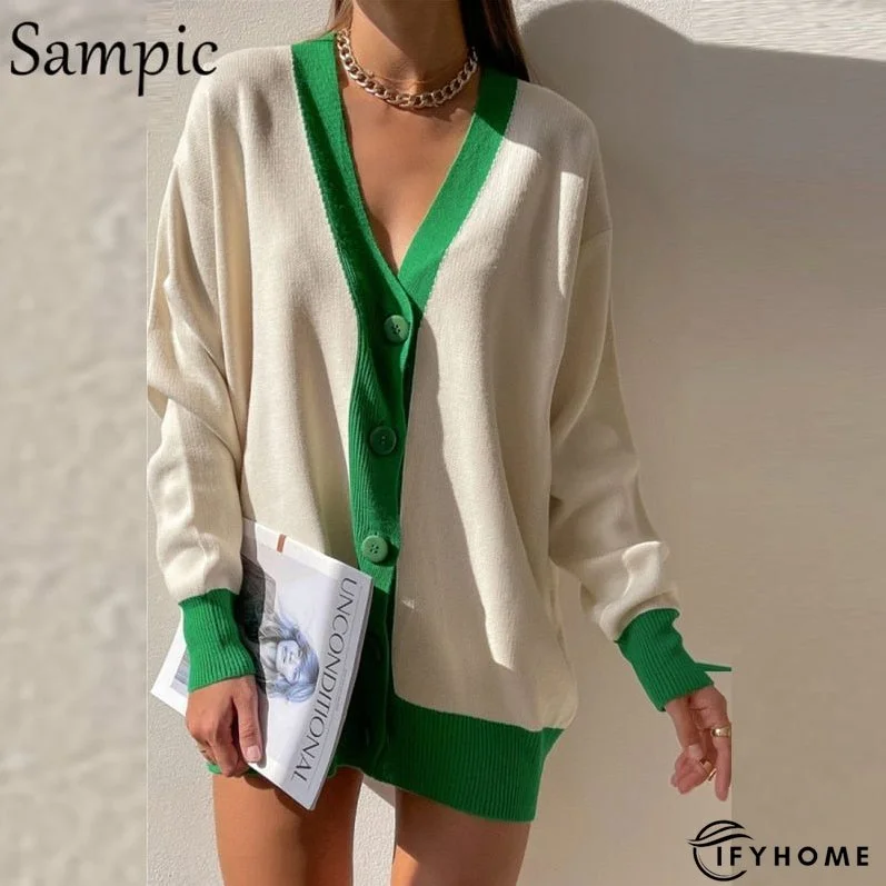 Christmas Gift Sampic Loose Patchwork Knitwear Winter Women Cardigans Tops Oversized Long Sleeve Y2K V Neck Sweater Casual Fashion Tops | IFYHOME