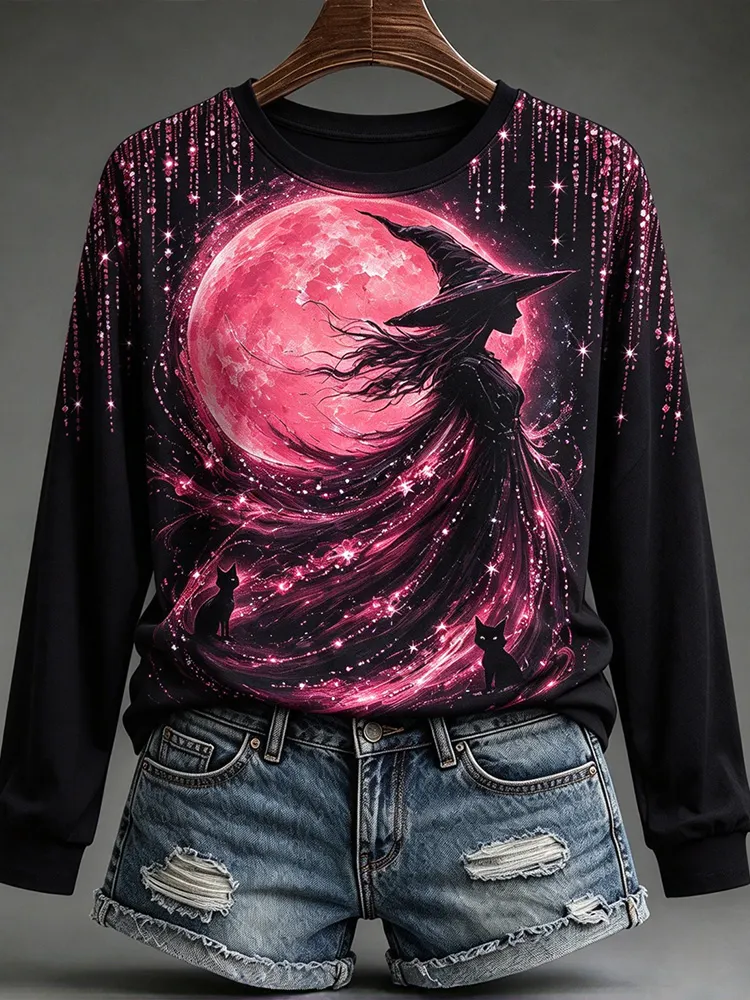 Comstylish Women's Halloween Night Witch Pink Print Long Sleeve T-shirt