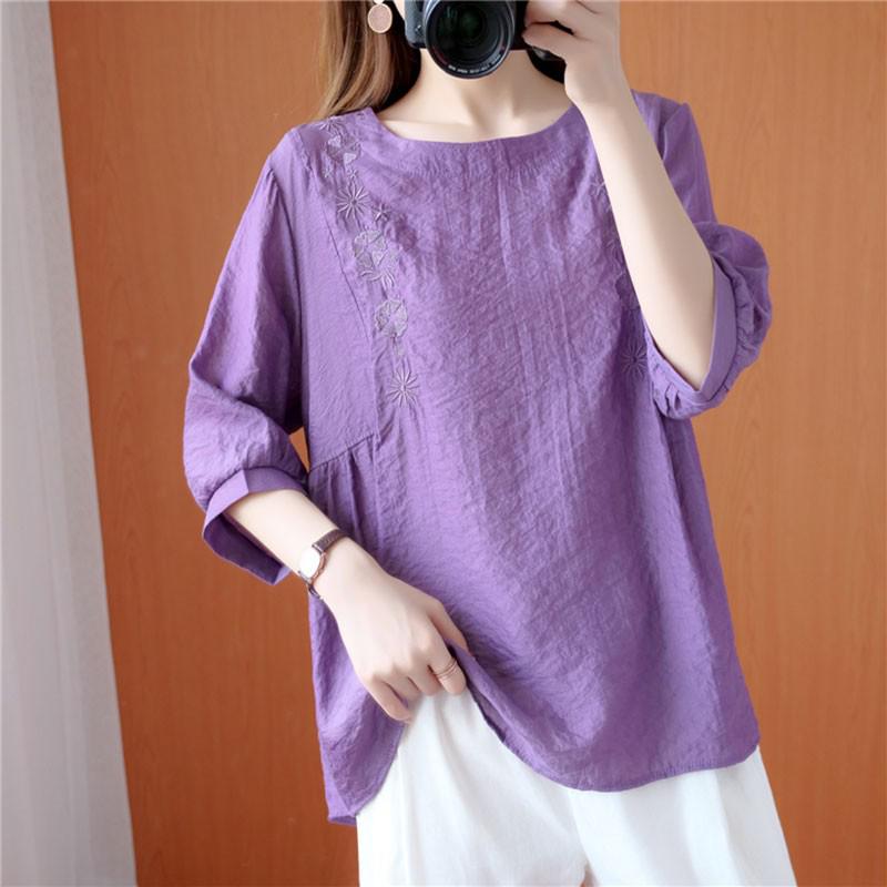 Summer Casual Vintage Embroidery Loose Cotton Linen Tops