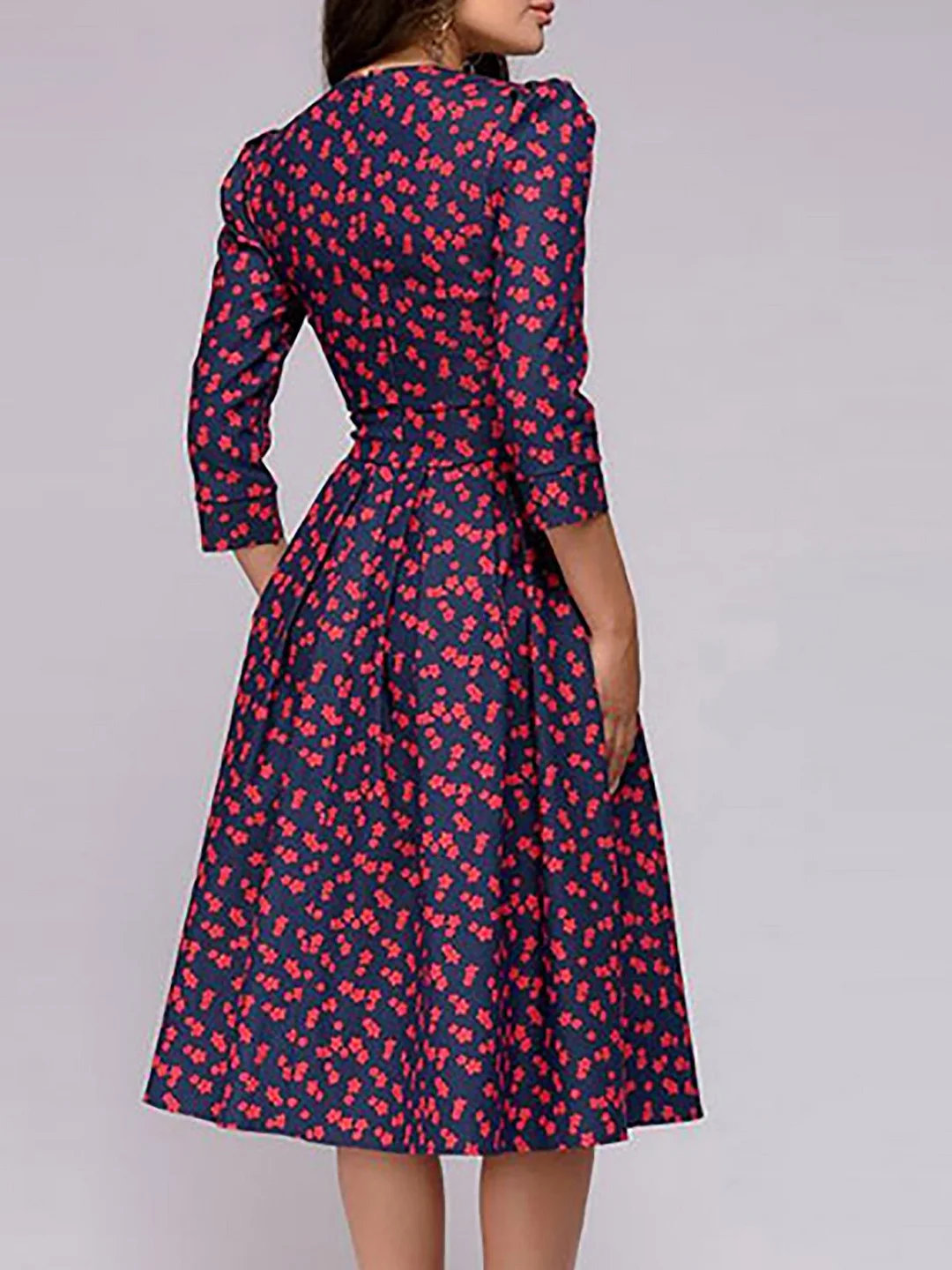 Red A-Line Floral Elegant Midi Dress