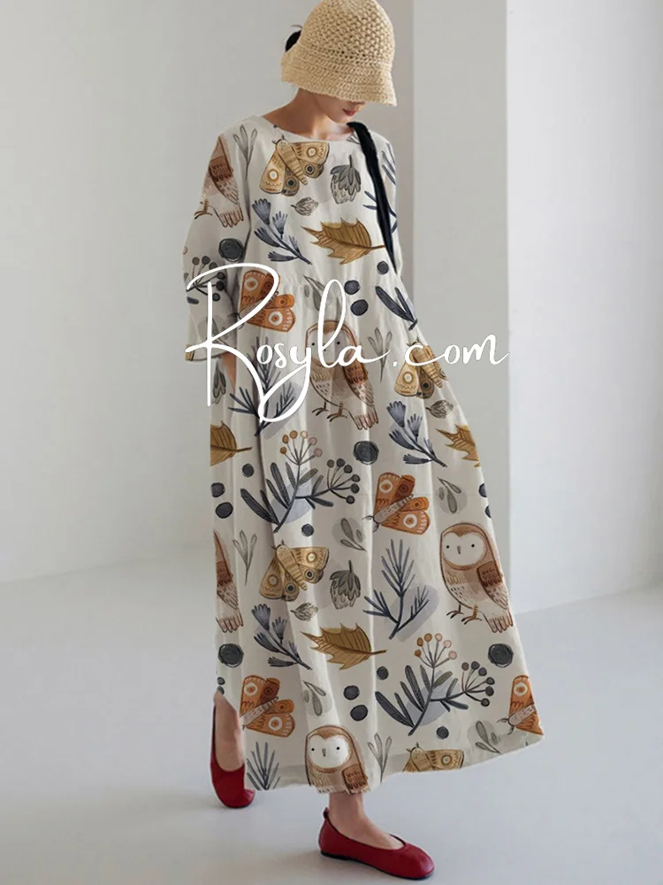 Women's Casual Owl Printing Long Sleeve Midi Dress
