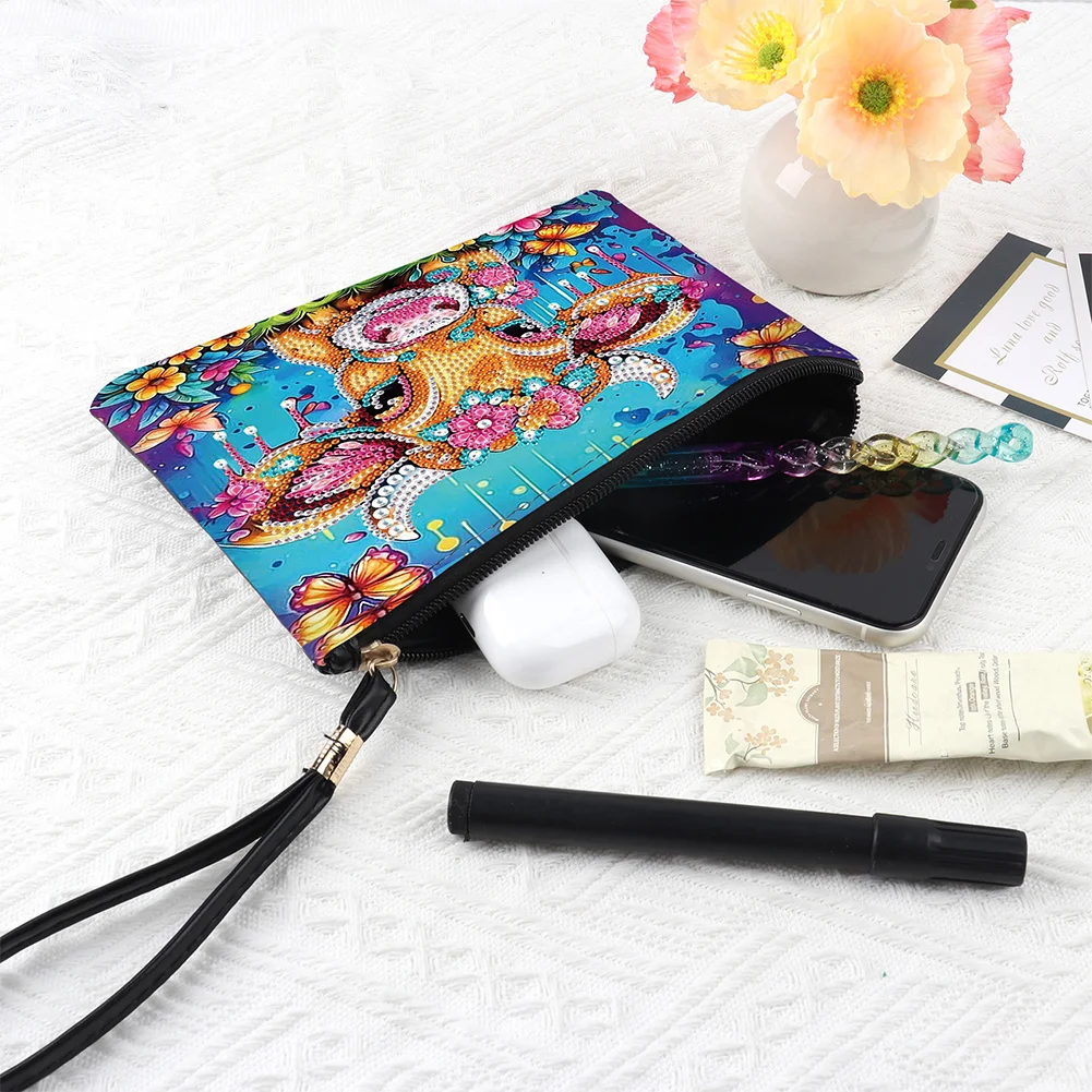 DIY Flowers Cow PU Partial Special Shaped Diamond Painting Wallet Makeup Bag