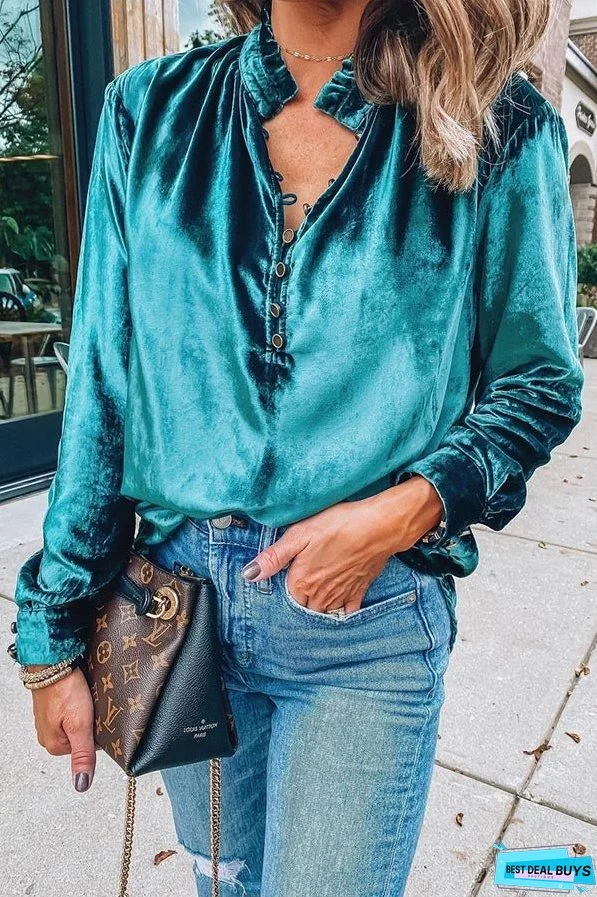 Sexy V-Neck Gold Velvet Long Sleeve Shirt