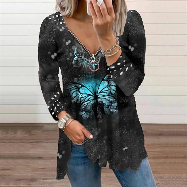 Vintage Zip Long Sleeve Butterfly Print T-Shirt