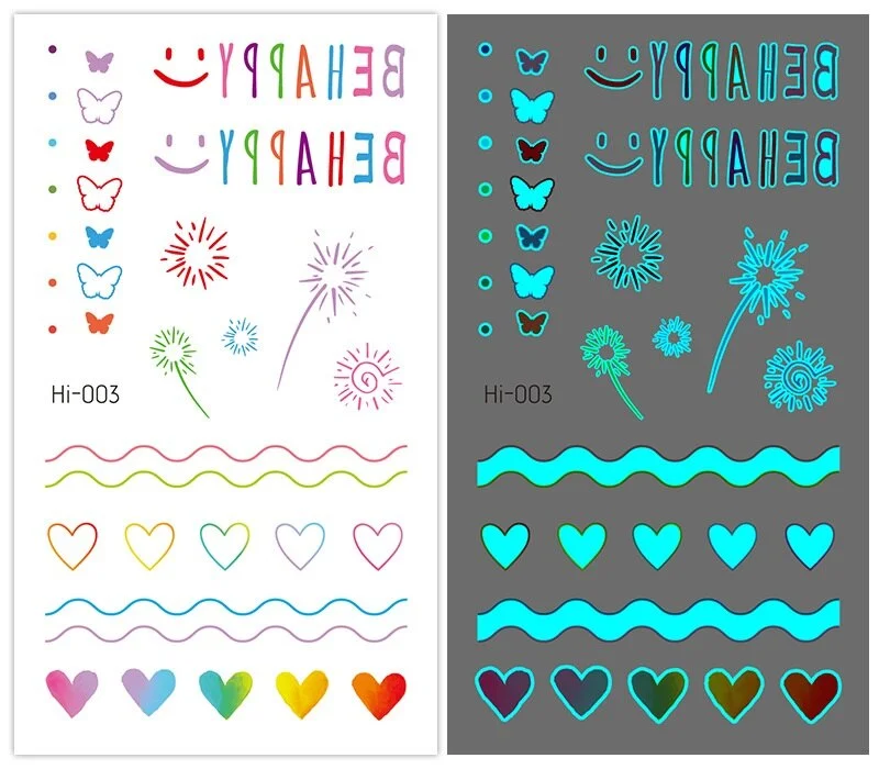 15 kinds Cute Small Blue Light Luminous Temporary Tattoo Face Hand Sticker Party Disposable Noctilucent tatouage temporaire