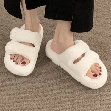 Women's Casual Solid Color Open Toe Flat Sole Plush Slippers