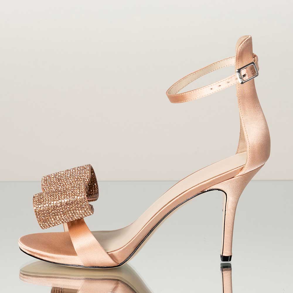 Satin Rhinestone Embellished Bow Ankle Strap Elegant Sandals in Nude Nicepairs
