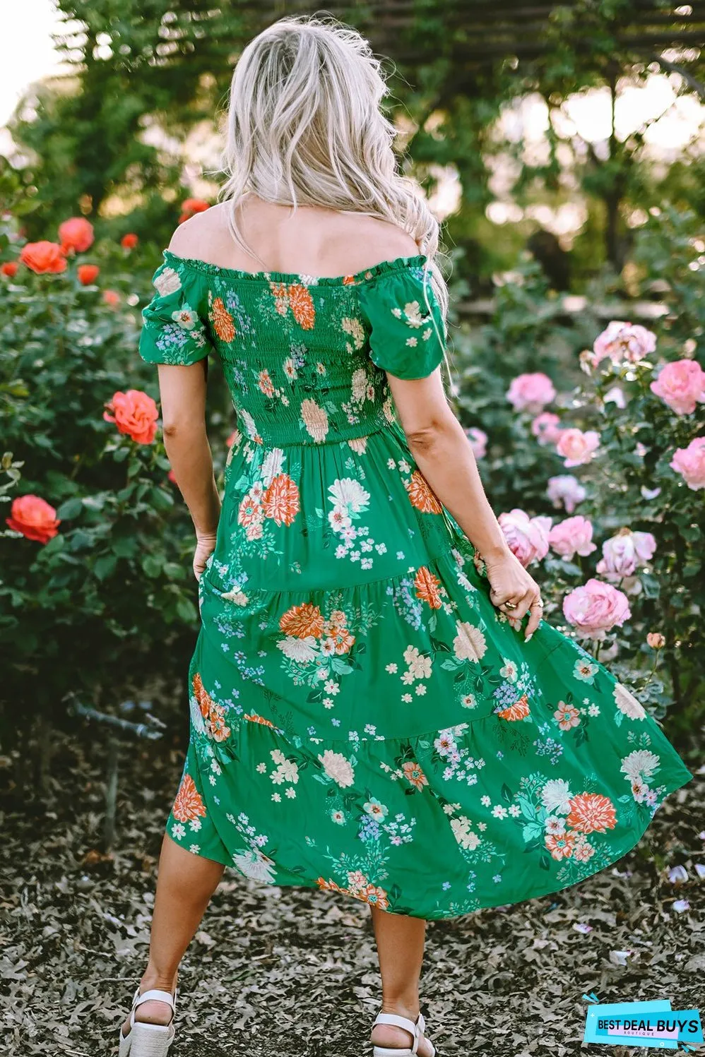 Floral Print Smocked Tiered Midi Dresses