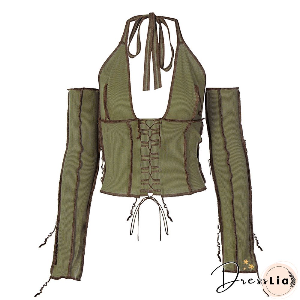 Backless Halter Ribbed Tie Front Top Women Long Sleeve Hollow Out Lace Up T Shirts Patchwork Sexy Hot Bodycon Crop Top