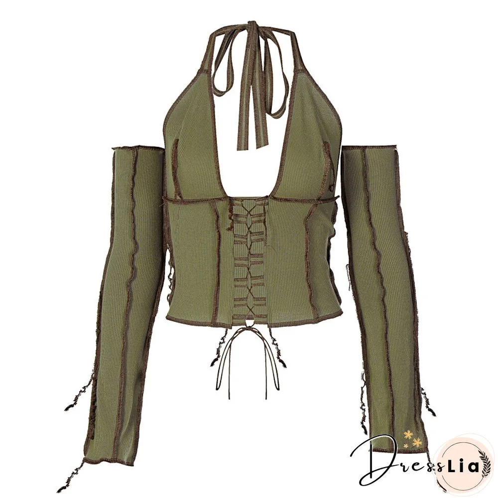 Backless Halter Ribbed Tie Front Top Women Long Sleeve Hollow Out Lace Up T Shirts Patchwork Sexy Hot Bodycon Crop Top