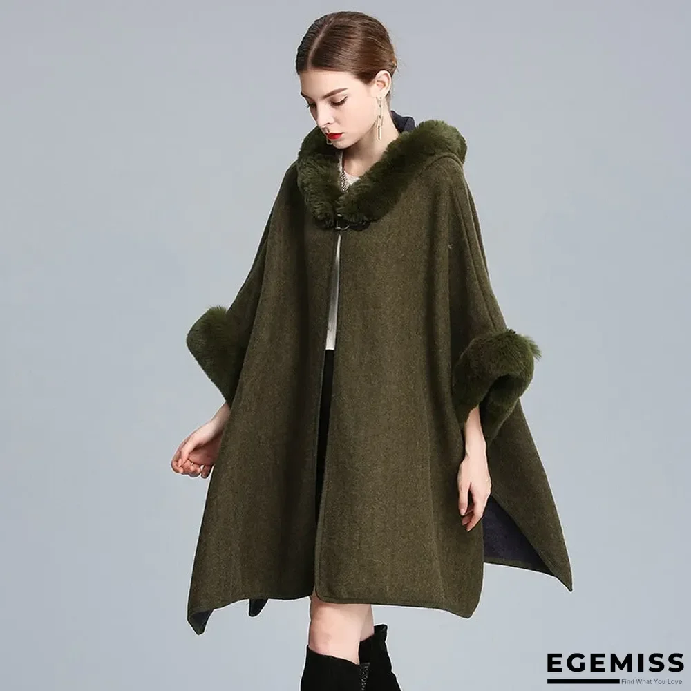 Autumn and Winter Fur Collar Hooded Shawl Cloak Large Size Woolen Coat Loose Cardigan Women | EGEMISS