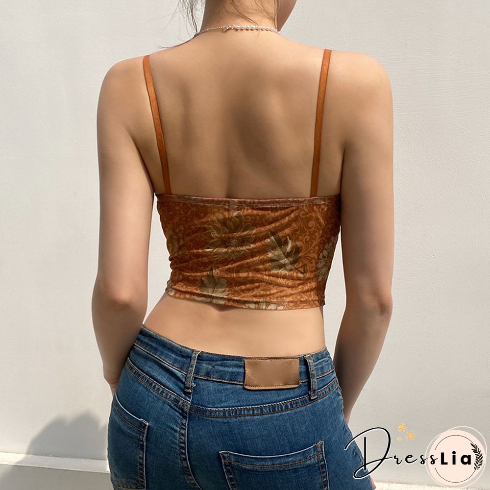 Floral Graphic Print Asymmetric Mesh Crop Cami Top