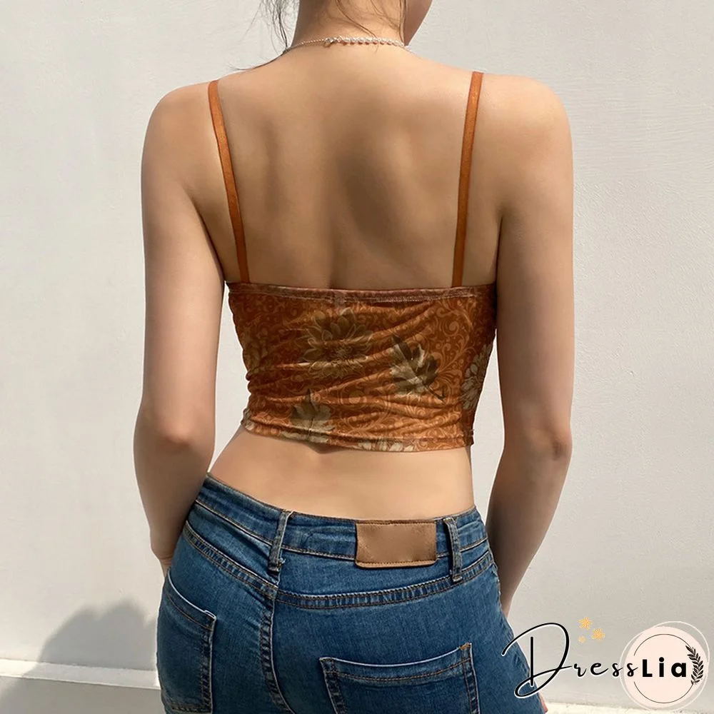 Floral Graphic Print Asymmetric Mesh Crop Cami Top