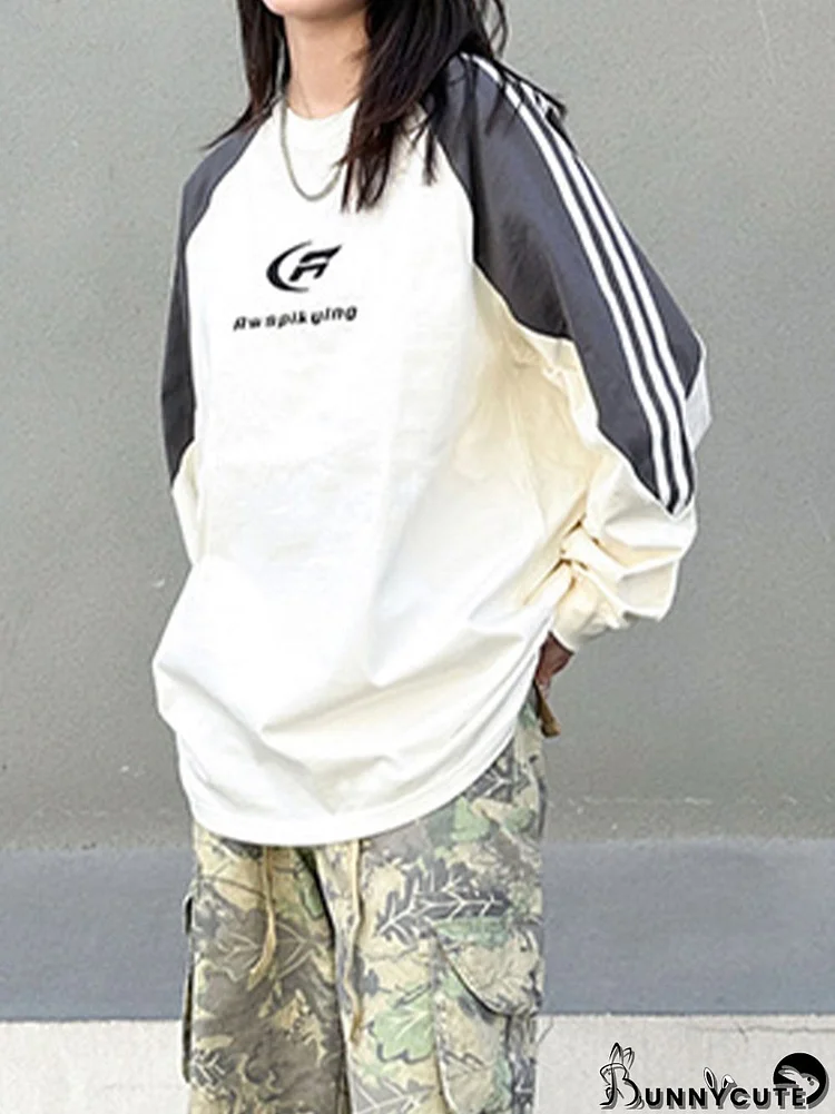 Vintage Print Piping Raglan Crew Neck Sweatshirt