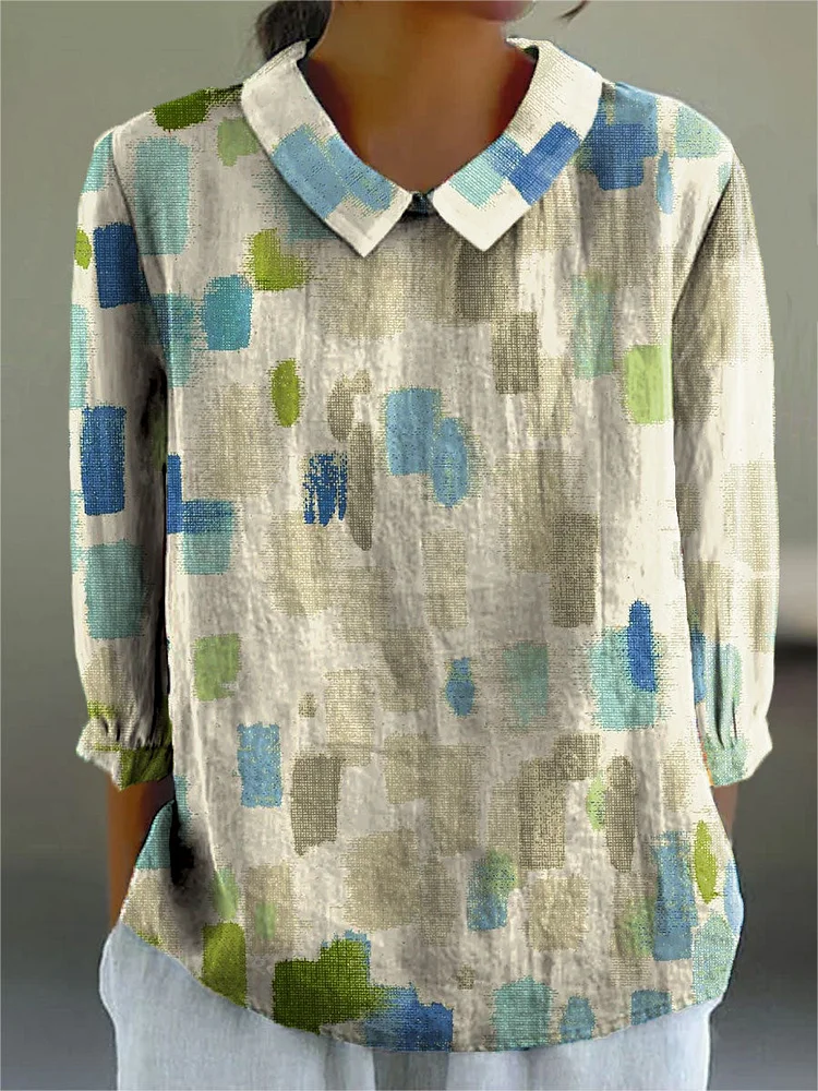 Women's Simple Color Block Art Print Casual Cotton And Linen 3/4 Sleeve Shirt