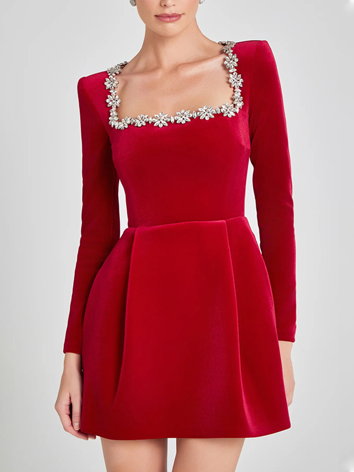 Elegant Velvet Rhinestone Square Neck Long Sleeve Mini Dress