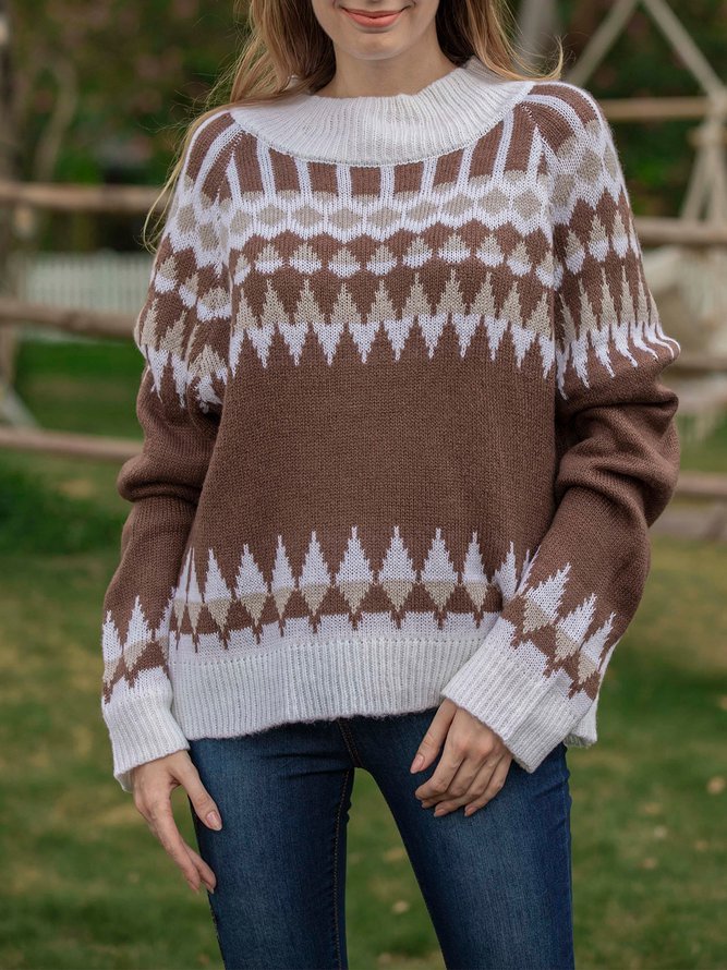 Brown Long Sleeve Geometric Stand Collar Sweater