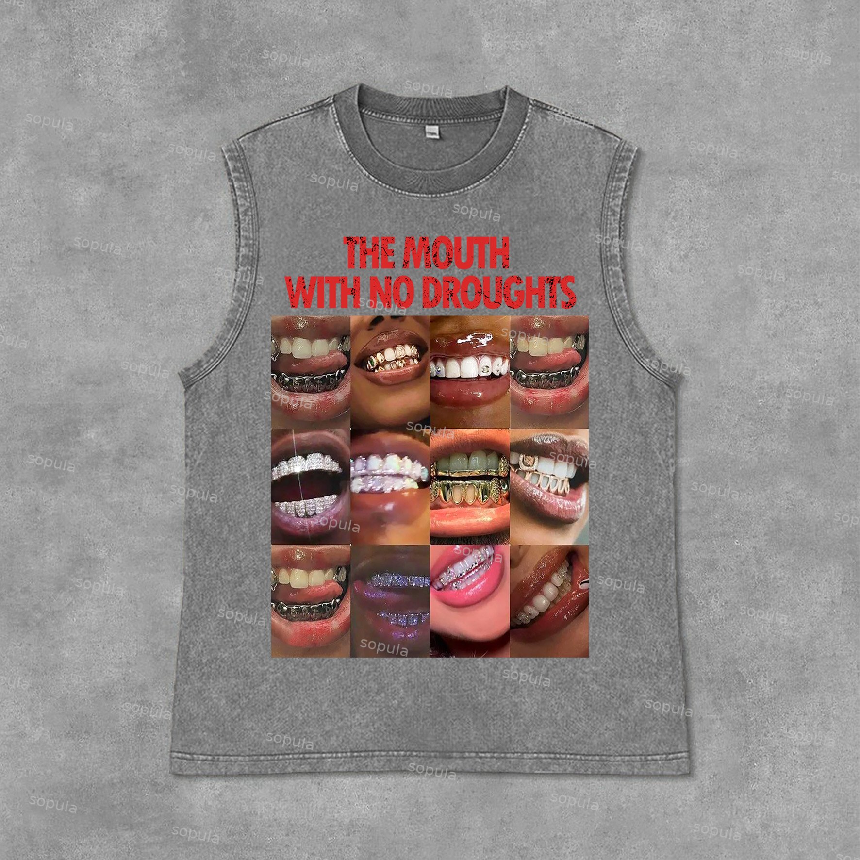 Vintage Lips Graphic The Mouth With No Droughts Print Acid Washed Sleeveless Tank Top - SOPULA