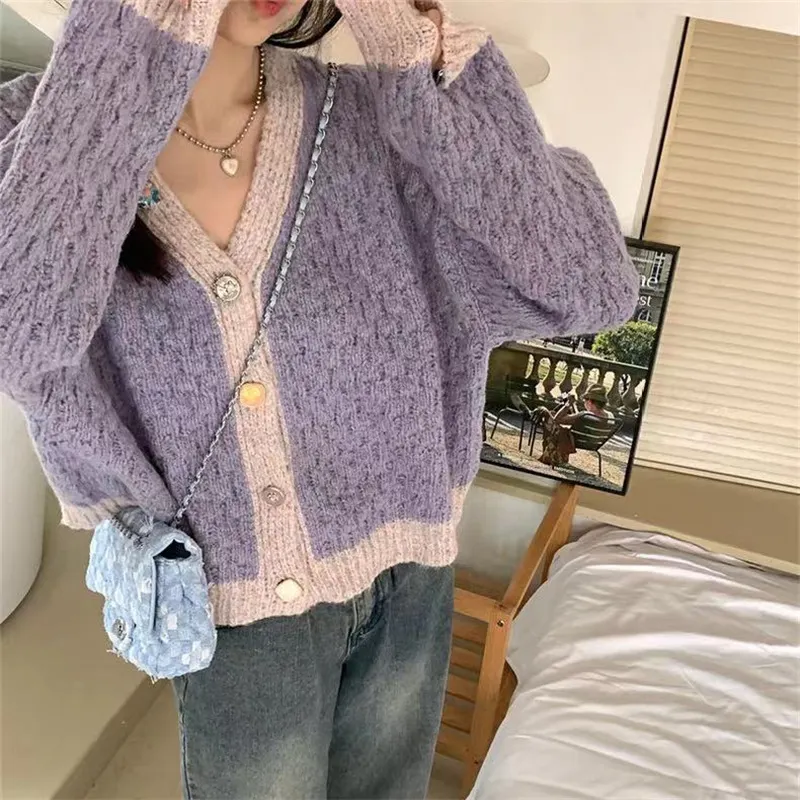 Churchf Churchf Version Of Knit Sweater Loose Lazy Wind Fashion Coat Reduced Age Mud Taro Purple Long Sleeve V-Neck Knit Sweater Cardigan Female