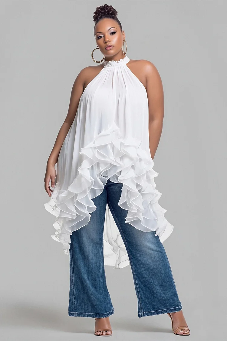 Xpluswear Design Plus Size Vacation White Midi Halter Collar Ruffle Asymmetric Hem Irregular Hem Chiffon Tops [Pre-Order] 2024 - Xpluswear