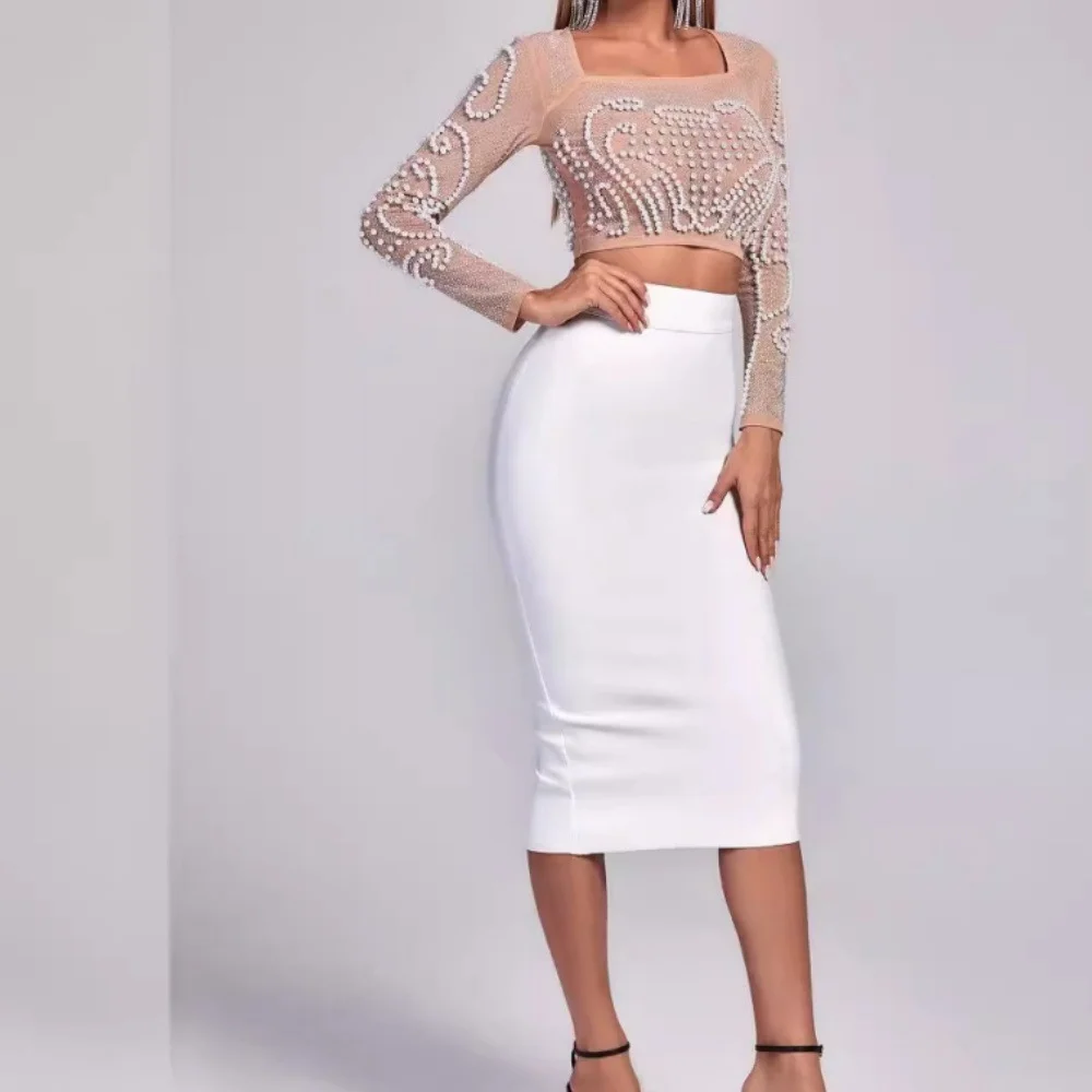 Brownm New Atmospheric Sexy Women's Suit Soaked Beads With Evening Dress Tie Small Dress White