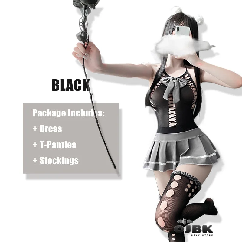 OJBK Exotic Costumes Sexy Schoolgirl Cosplay Outfit Kawaii Erotic Lingerie Anime Mini Skirt With Hollow Out Stockngs Underwear