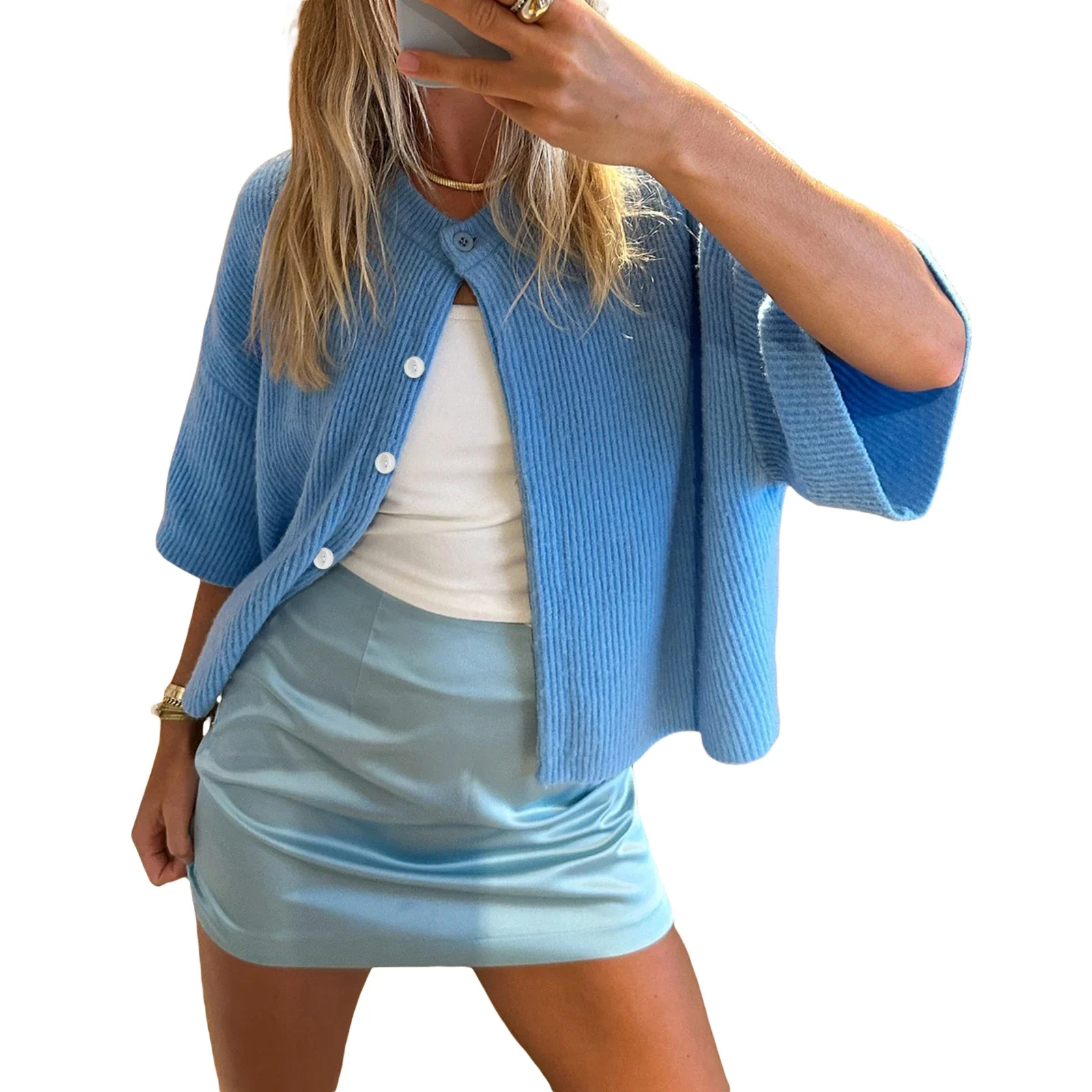 Karastik costumes for adult women Women's Solid Color Cardigan Short Sleeve Round Neck Button Down Sweater Knit Tops
