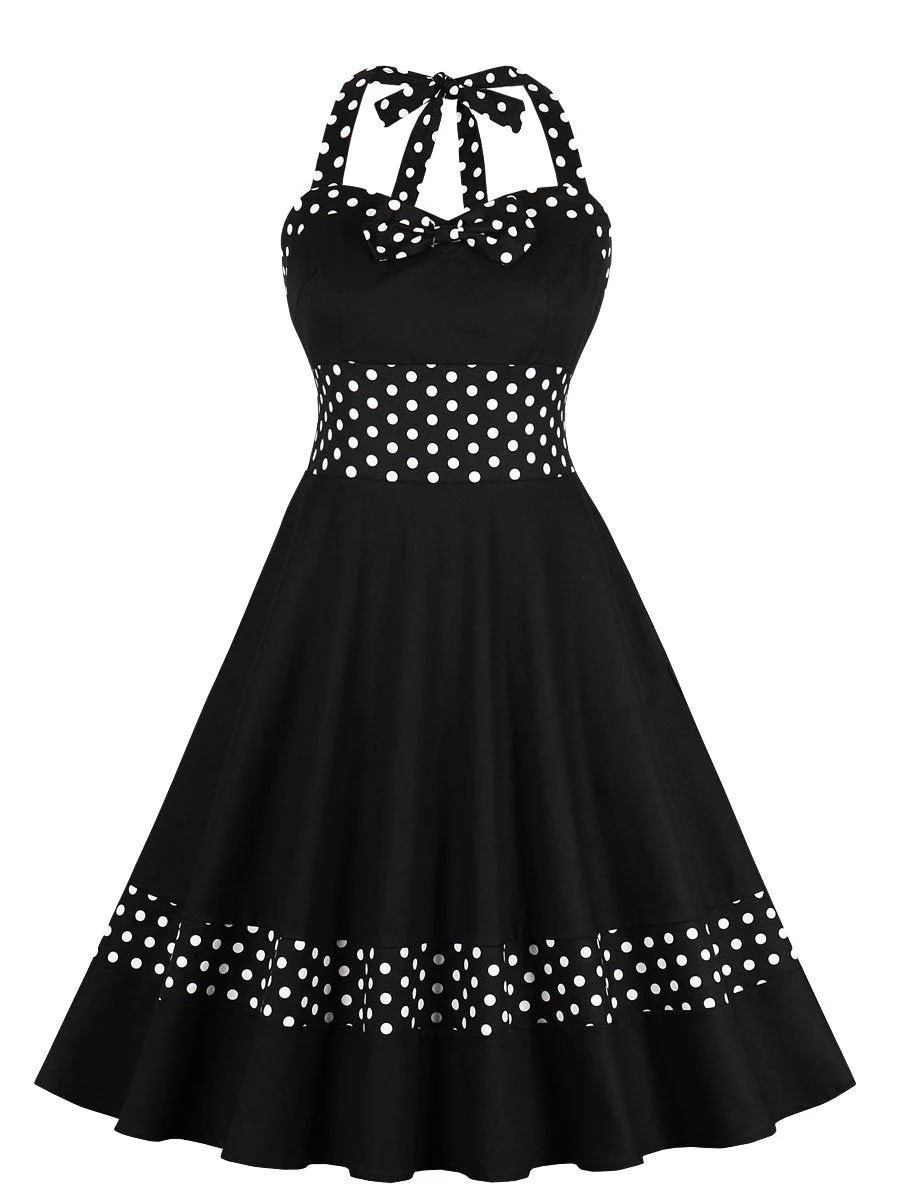 1950s Dress Polka Dot Patchwork Halterneck Dress