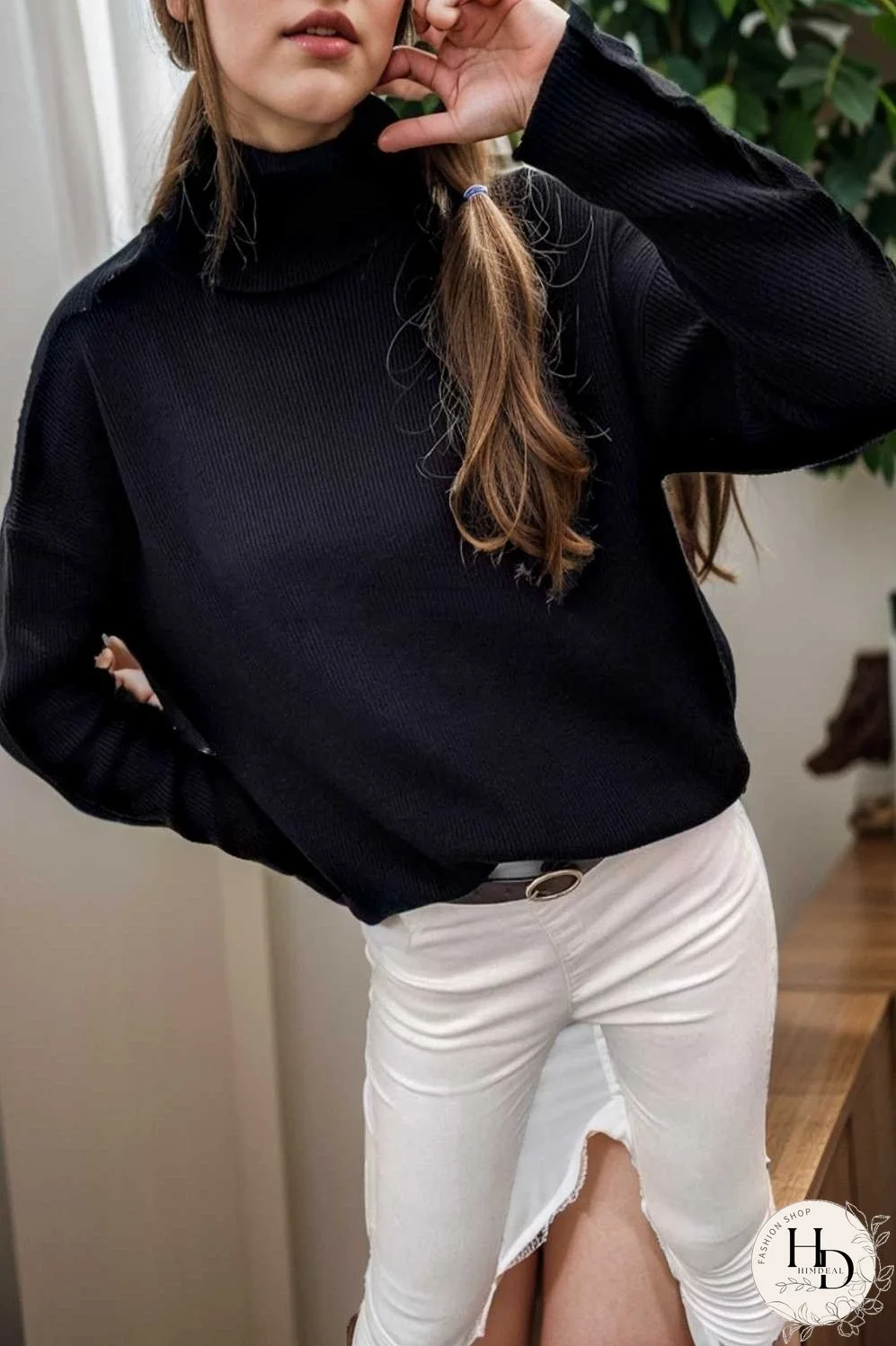 turtleneck solid long sleeve knitted sweater