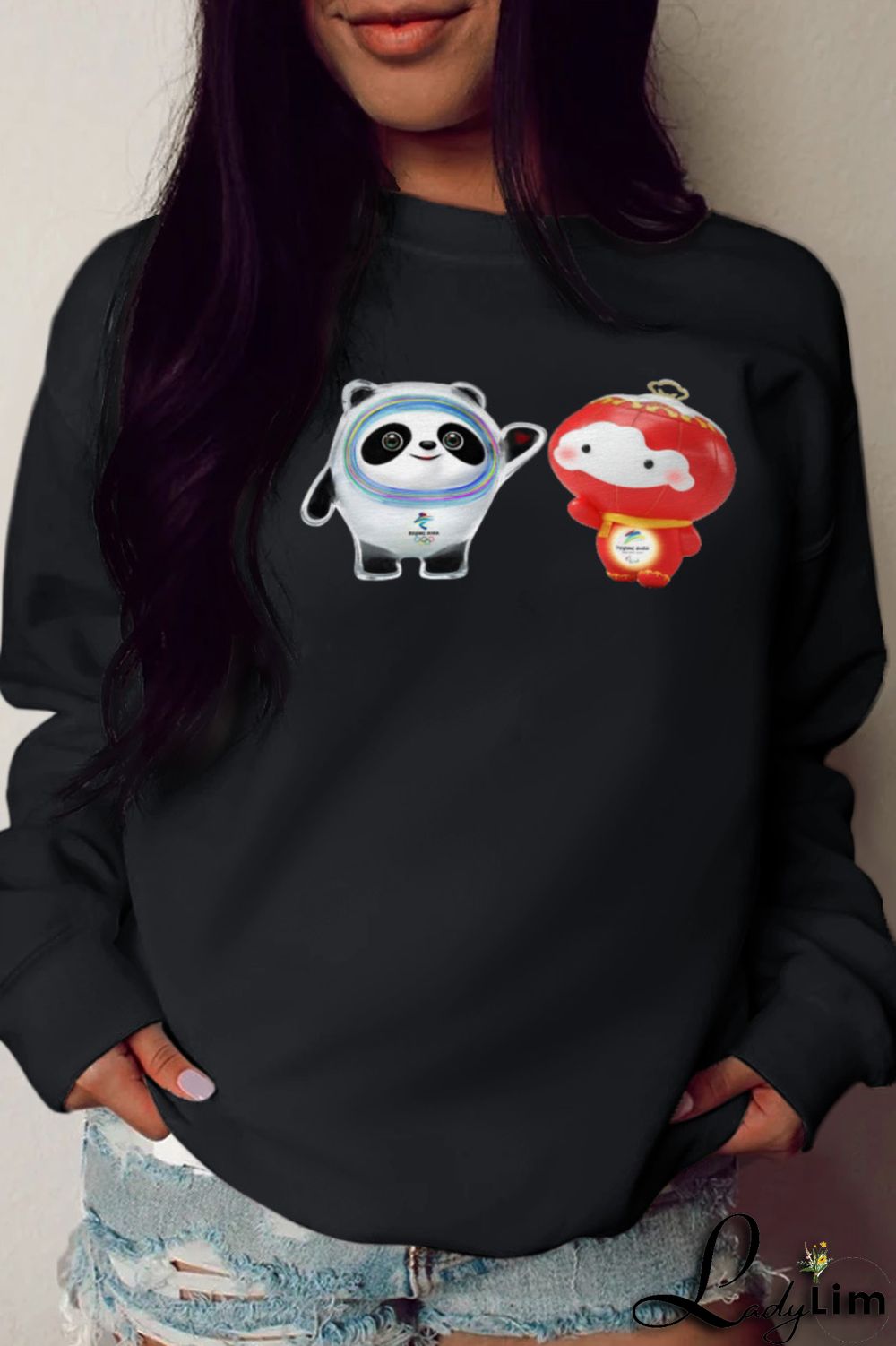 Blue Street Cute Character Print Patchwork O Neck Tops