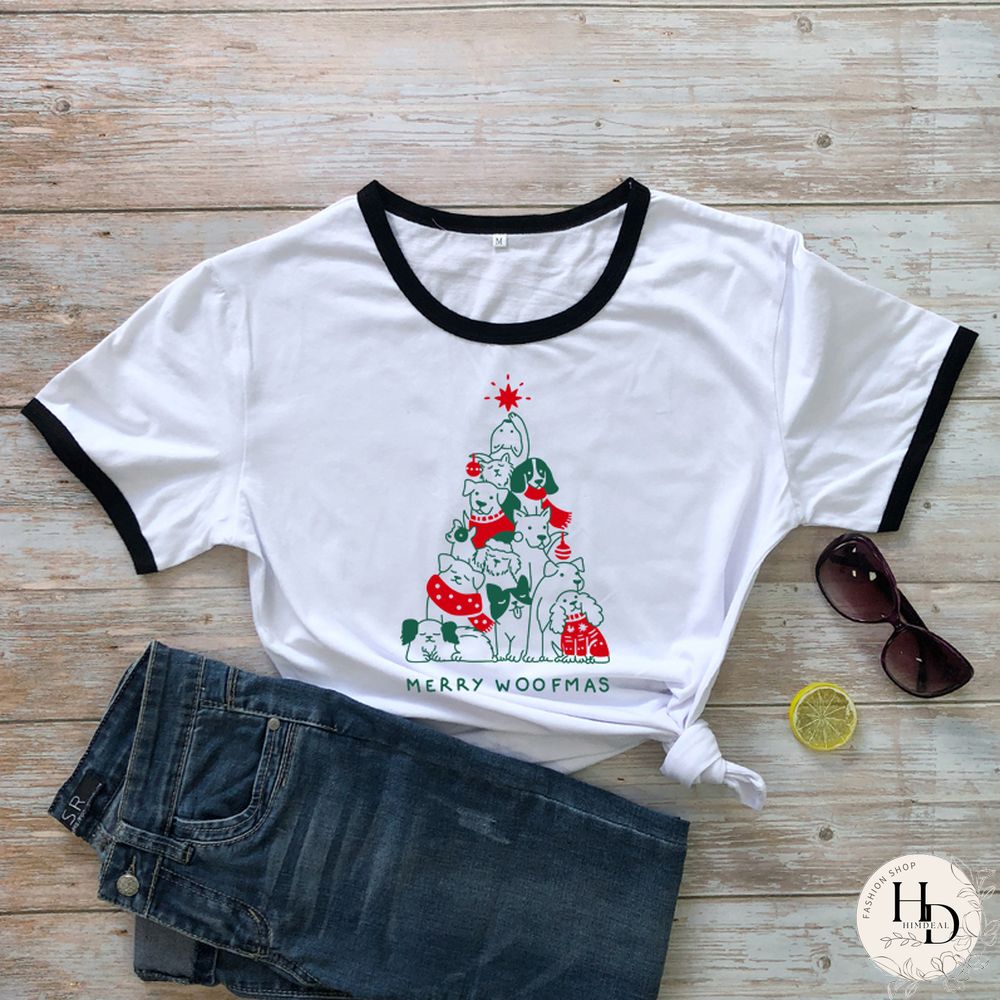 Merry Woofmas Colored Print T-shirt Kawaii Dog Lover Christmas Holiday Gift Tshirt Funny Women Graphic Tees Tops Drop Shipping