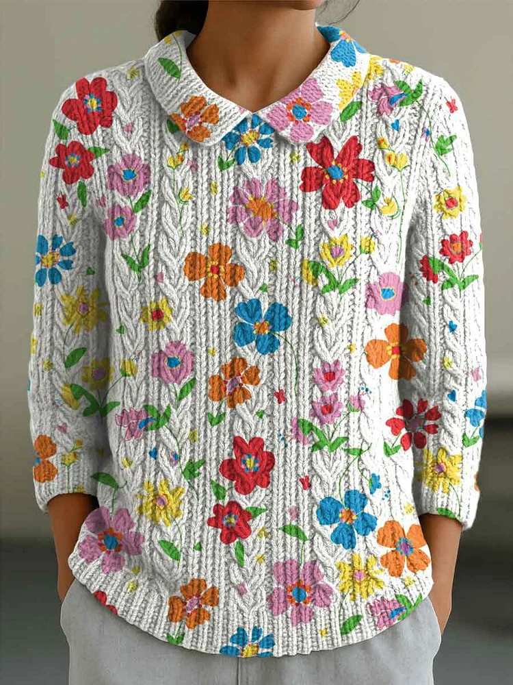 Women's Floral Flowers Casual Print Peter Pan Collar 3/4 Sleeve Sweater