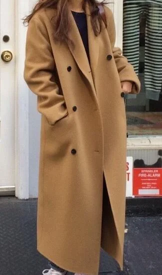 2021 Korea Women Autumn Winter Double Breasted Long Wool Coat Ladies Long Sleeve Notched Collar Overcoat Parka Jacket Vintage