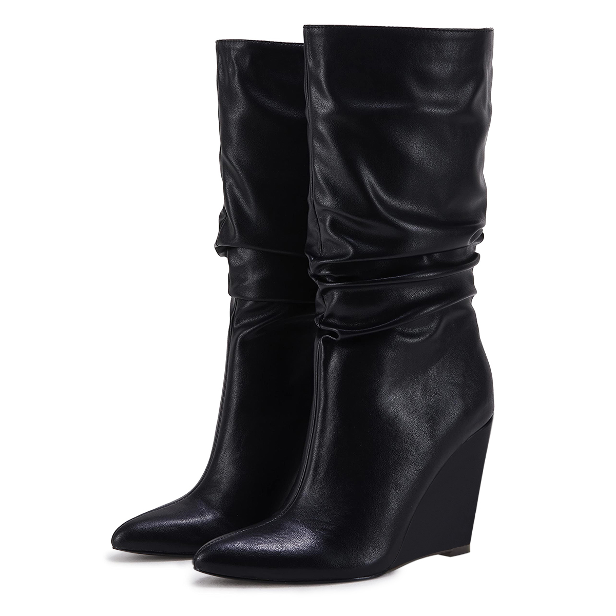 Black Vegan Leather Pointed Toe Pull-On Wedge Heel Elegant Boots