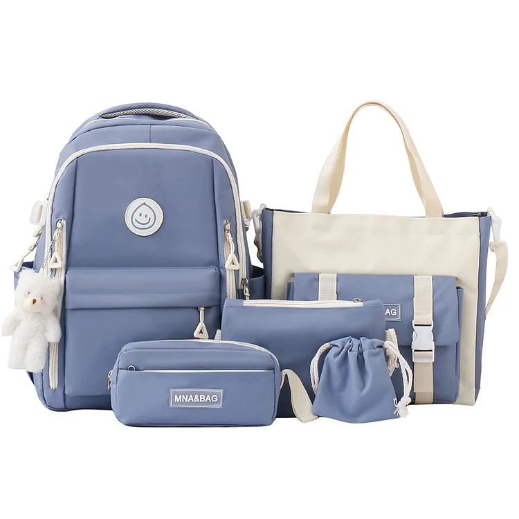 5pcs Backpack Set Canvas Patchwork Handbag for Teenagers Students (Blue)