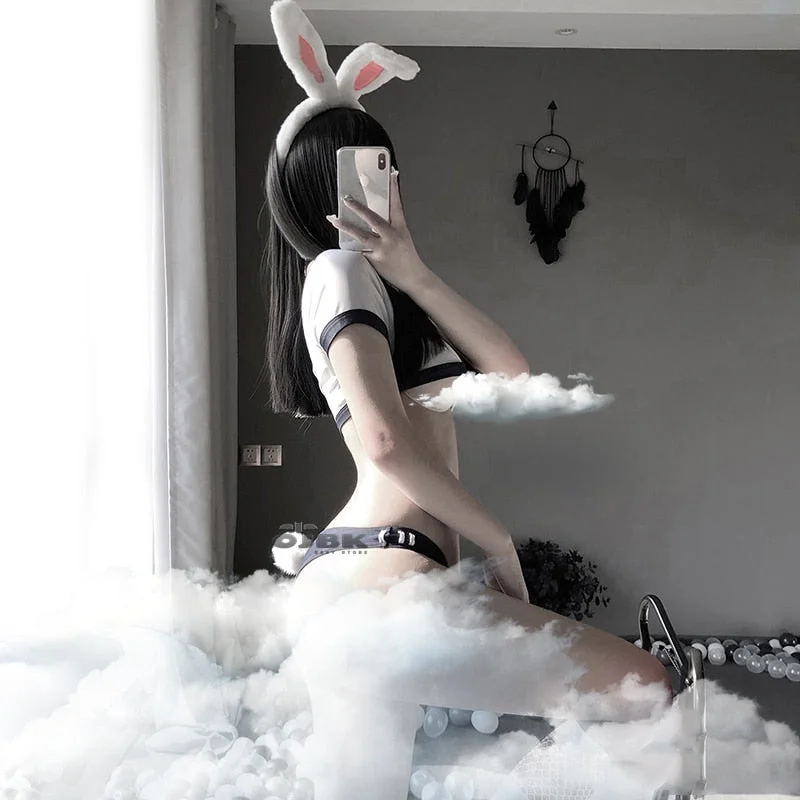 OJBK Sexy Heart Hollow Open Chest Erotic Lingerie Japanese Sweet Student Role Play Costume Rabbit Tail School Girl Uniform