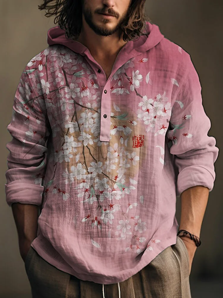 Cherry Blossom Full Moon Japanese Art Linen Blend Hooded Shirt